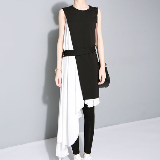 Black Whiter Irregular White Dress and Black Vest Set for Women