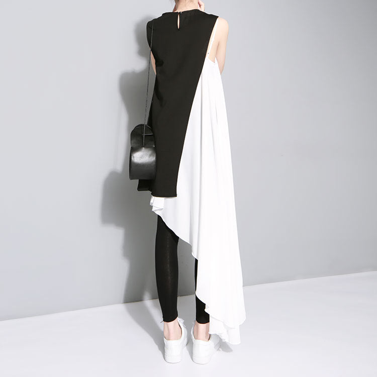 Black Whiter Irregular White Dress and Black Vest Set for Women