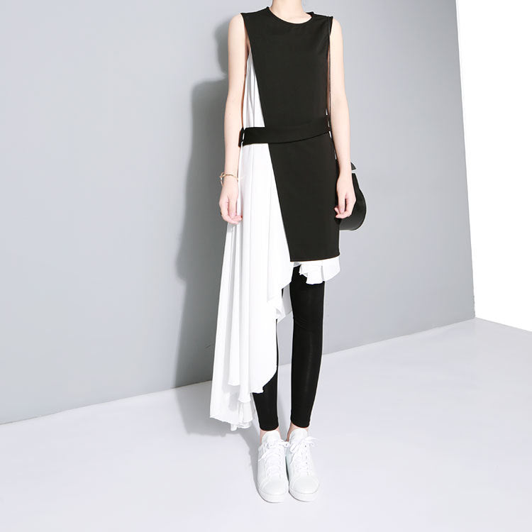 Black Whiter Irregular White Dress and Black Vest Set for Women