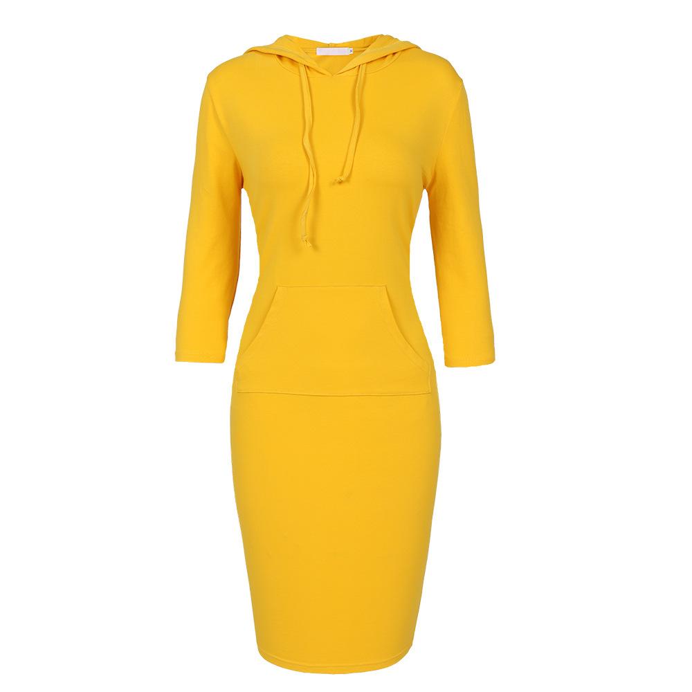 Women Fashion 3/4 Length Sleeves Fall Tight Short Dresses-Yellow-XS-Free Shipping at meselling99