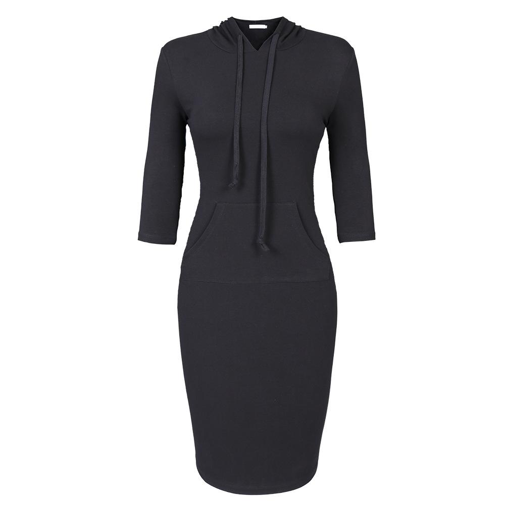 Women Fashion 3/4 Length Sleeves Fall Tight Short Dresses-Black-XS-Free Shipping at meselling99