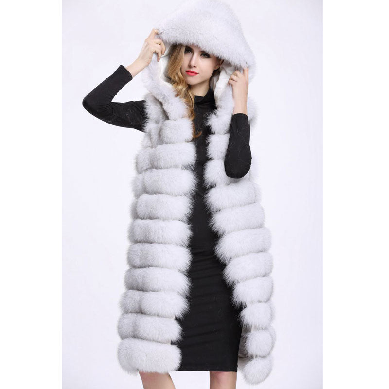 Artificial Fur Long Vest with Hat for Women