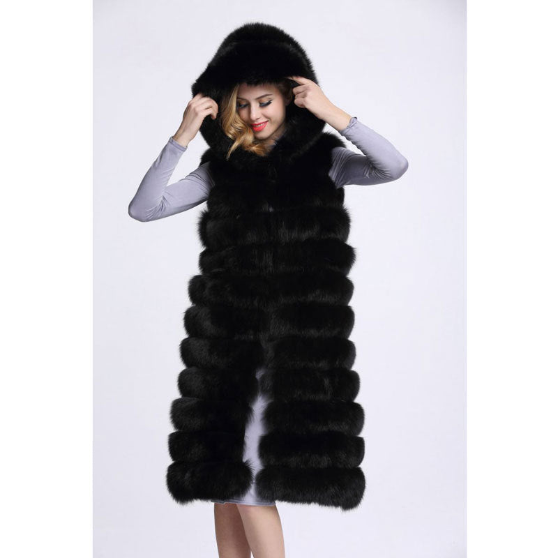 Artificial Fur Long Vest with Hat for Women