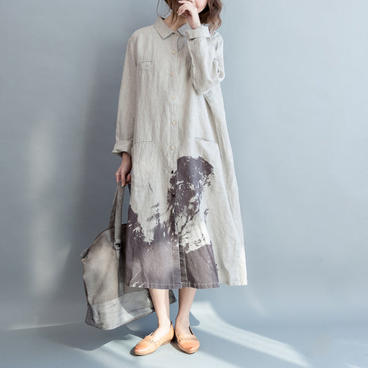 Vintage Long Sleeves Water and Mountain Painting Plus Sizes Long Shirts Dresses