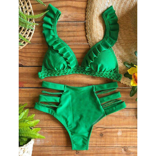 Green High-Waisted Hollow Bikini Swimwear-STYLEGOING