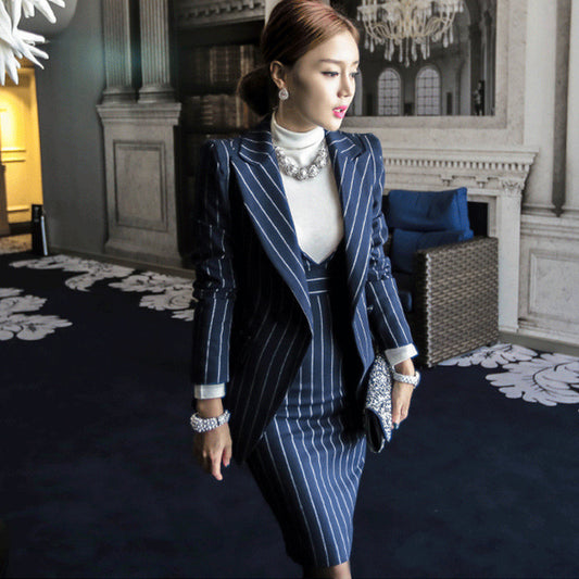 Elegant Striped Office Lady Blazer and Dress Sets