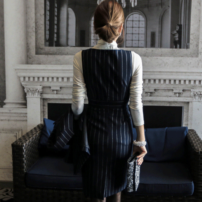 Elegant Striped Office Lady Blazer and Dress Sets