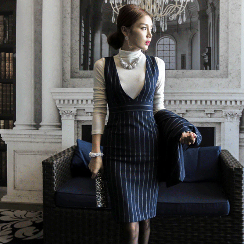 Elegant Striped Office Lady Blazer and Dress Sets