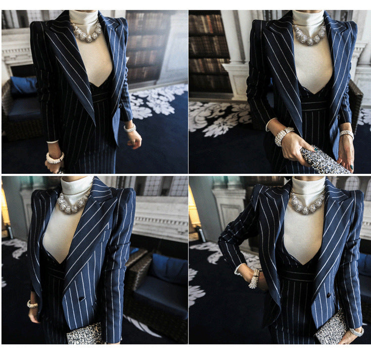 Elegant Striped Office Lady Blazer and Dress Sets