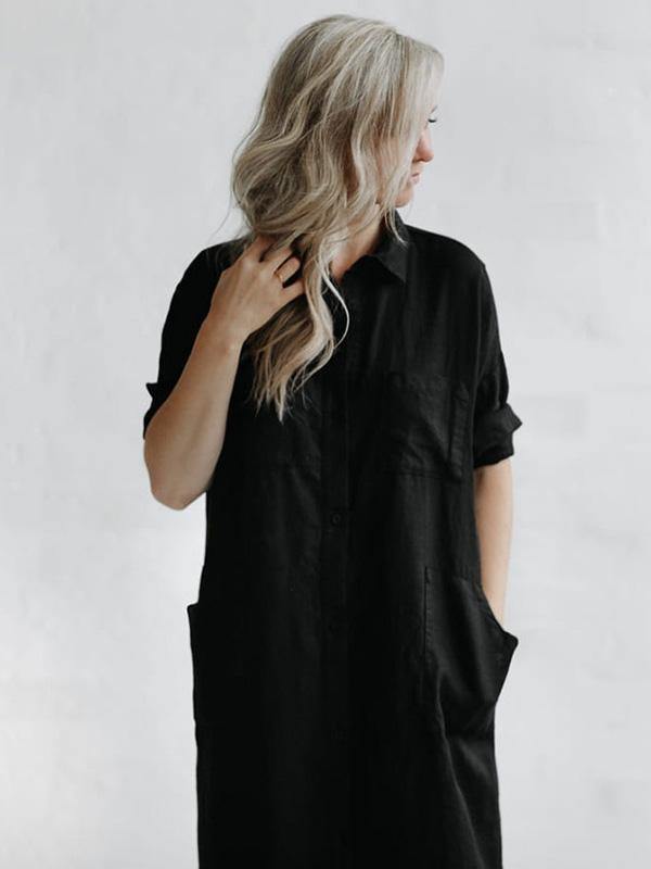 Simple Split-Side Lapel Long Shirt Dress-STYLEGOING