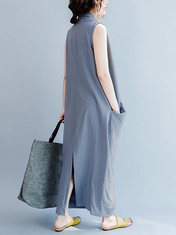Loose Gray-blue Cropped Pockets Long Dress-STYLEGOING