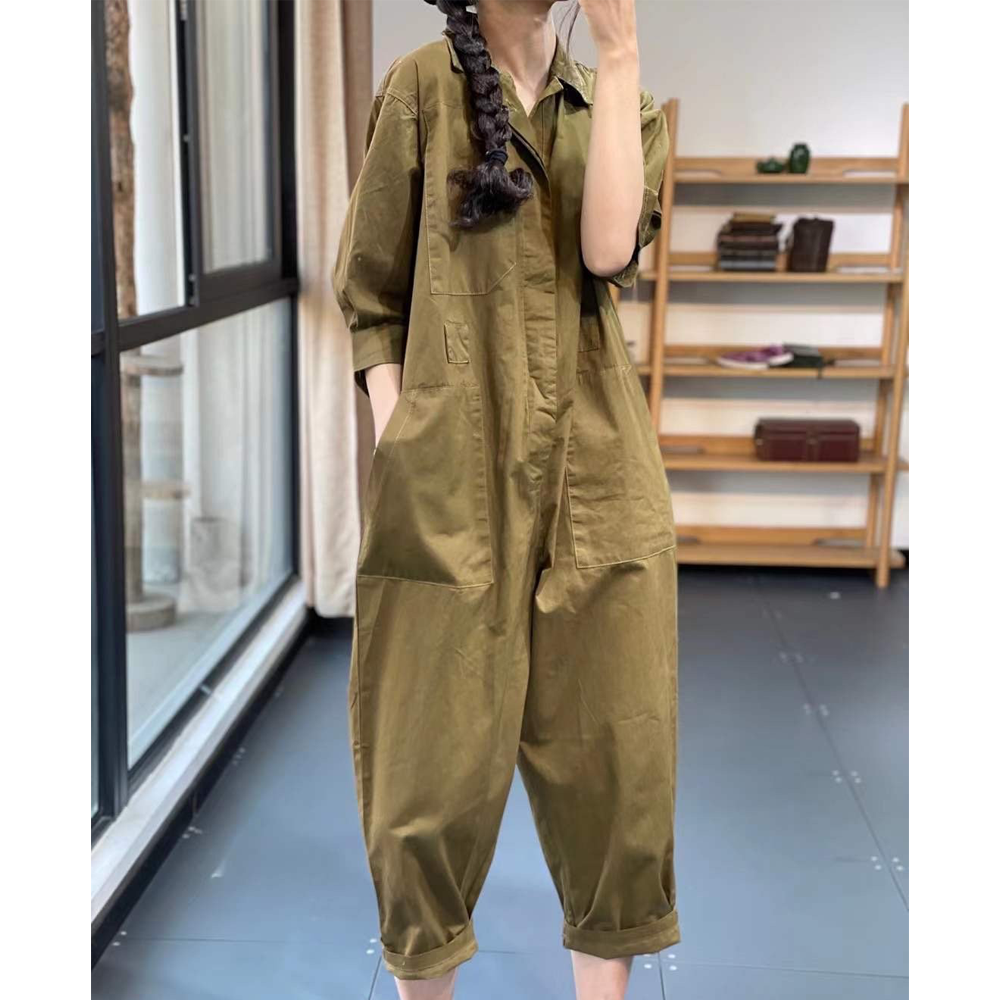 Women Turnover Collar Half Sleeves Jumpsuits-STYLEGOING