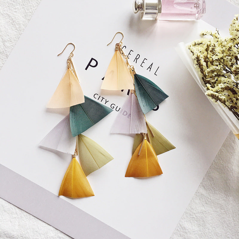 Holiday Bohemian Tassel Feather Dangle Drop Rings for Women