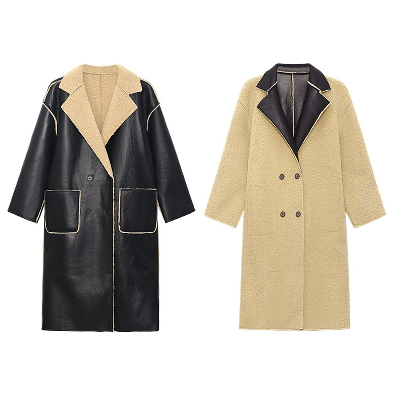 Reversible Leather Fur Thicken Winter Blazer Long Overcoat