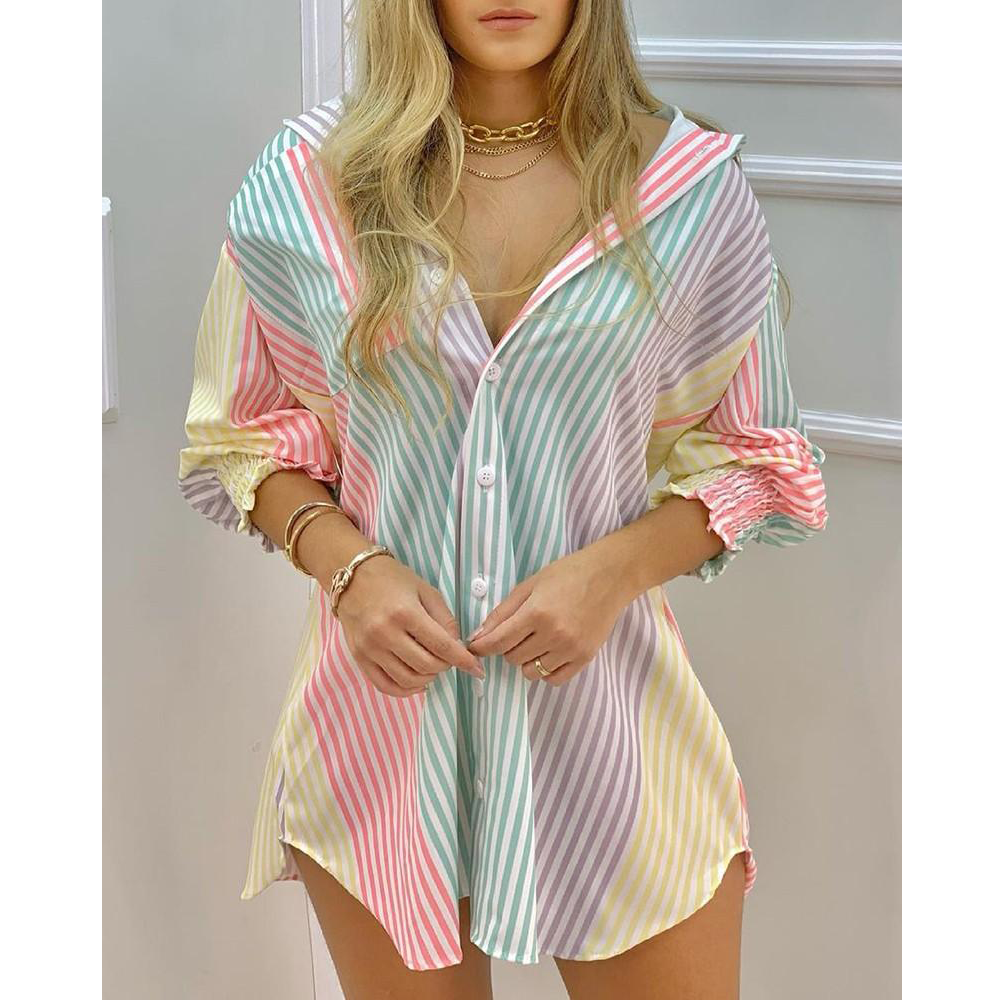 Women Summer Long Sleeves Striped Shirts-STYLEGOING