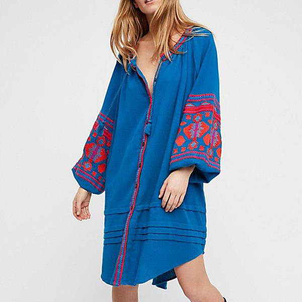 Presale - Women Blue Bohemian Summer Mini Dresses-STYLEGOING