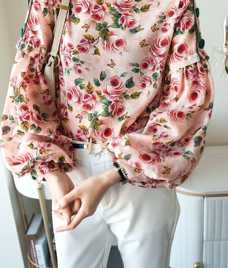 Elegant High Neck Pink Flowers Women Pullover Shirts