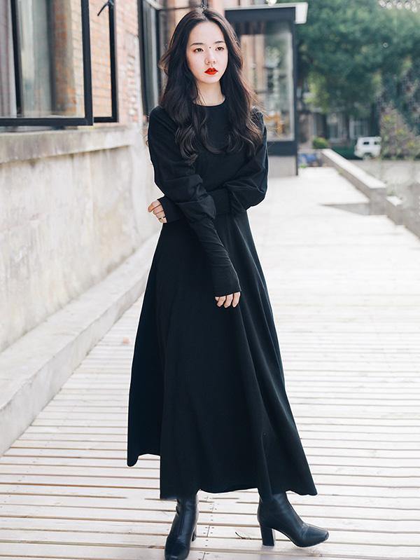 Vintage Solid Long Sleeve Dress-STYLEGOING