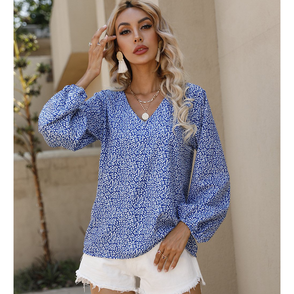 Women Small Foral V Neck Summer Top Blouses-STYLEGOING