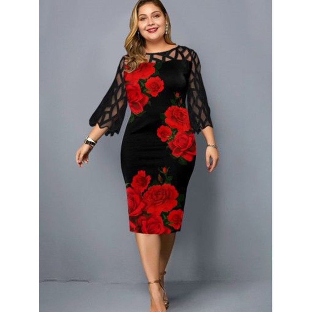 Women Foral Print Lace Plus Sizes Fall Dresses-STYLEGOING