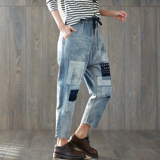 Casual Elastic Waist Cropped Jeans for Women