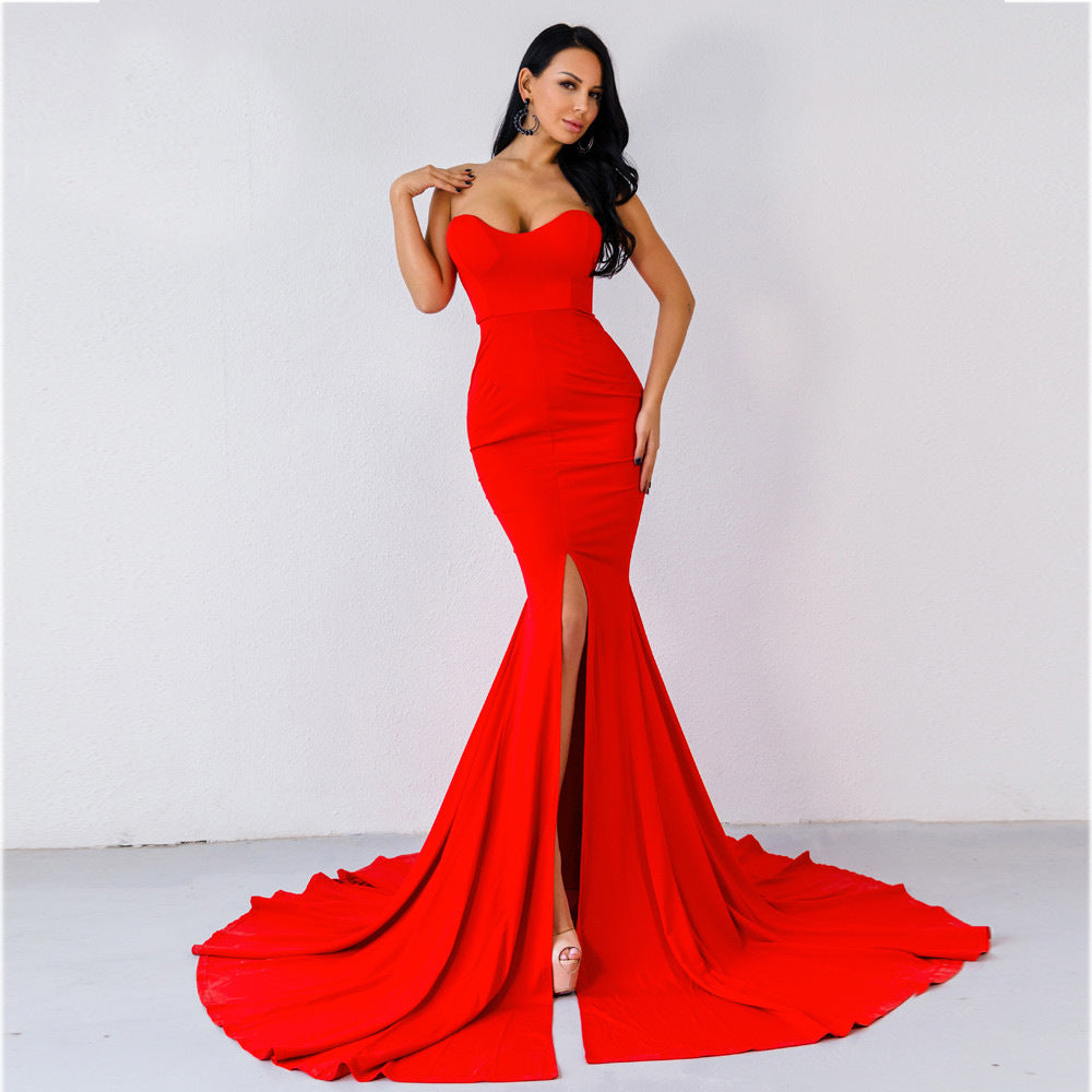 Sexy Strapless Brush Trail Mermaid Party Evening Dresses
