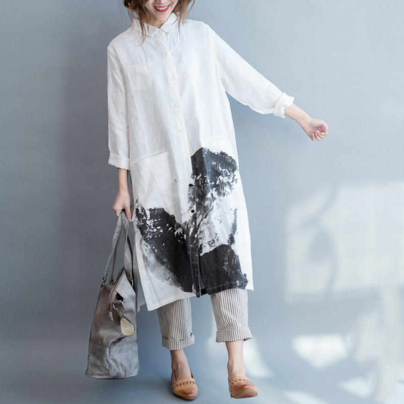 Casual Painting Print Linen Long Sleeves Shirts