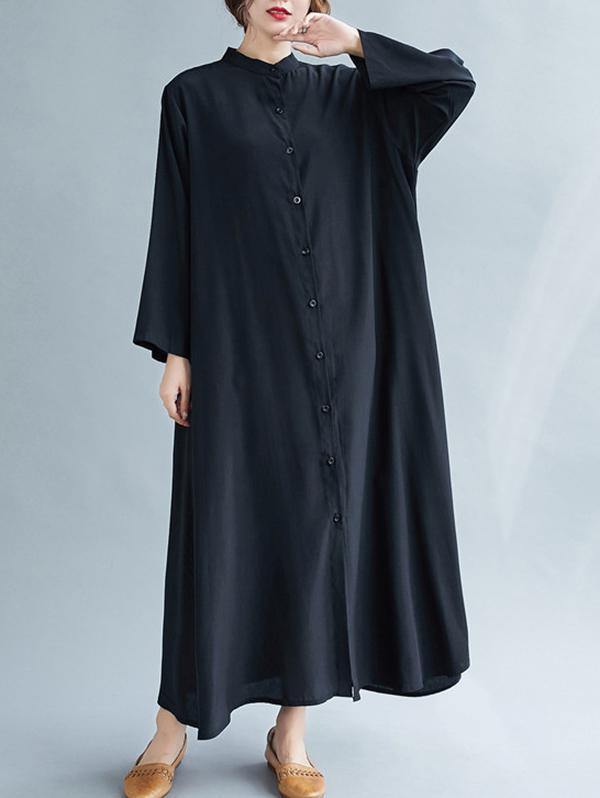 lSolid Round-Neck Shirts Long Dress-STYLEGOING