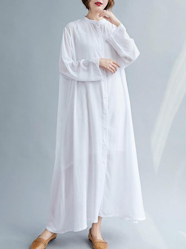lSolid Round-Neck Shirts Long Dress-STYLEGOING