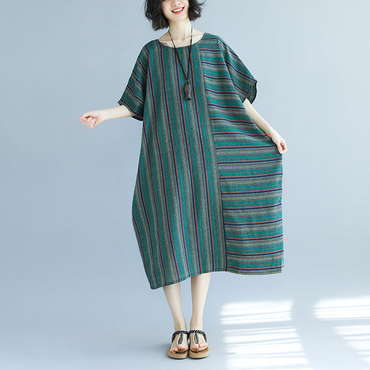 Vintage Green Linen Striped Asymmetrical Short Dresses