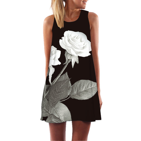 Black Floral Designed Round Neck Summer Mini Dresses