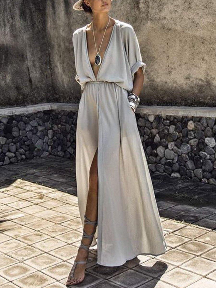 Simple Half Slleves Split Front Long Dresses-STYLEGOING
