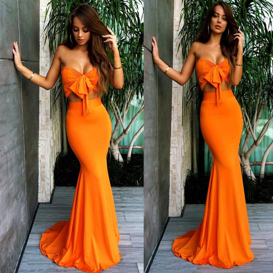 Orange Sexy Strapless Long Evening Dresses-STYLEGOING