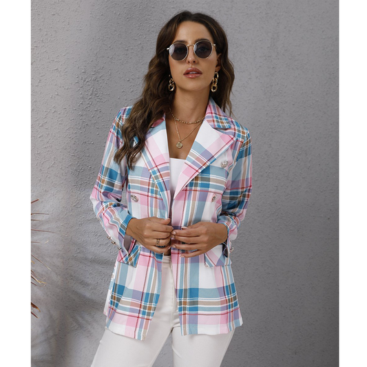 Women Colorful Plaid Long Sleeves Blazers-STYLEGOING