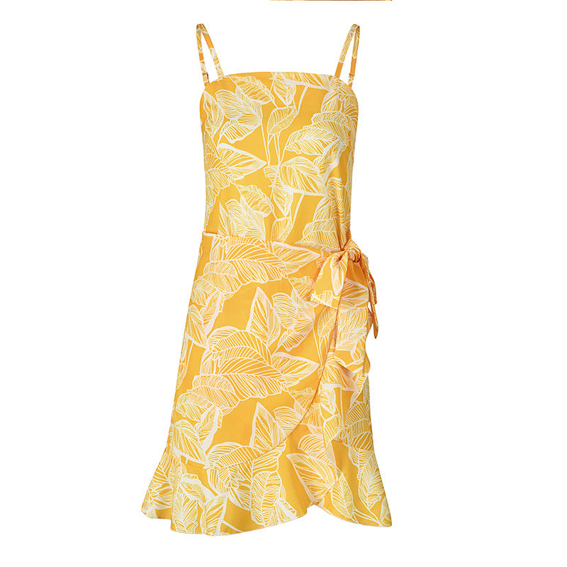 Women Leaf Print Chiffon Summer Irregular Beach Short Dresses