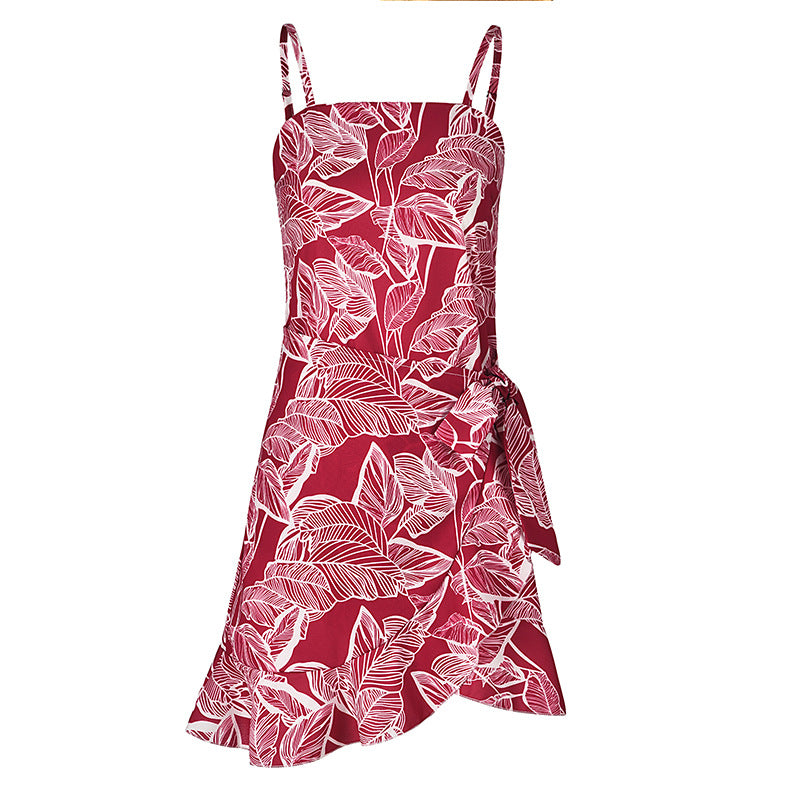 Women Leaf Print Chiffon Summer Irregular Beach Short Dresses