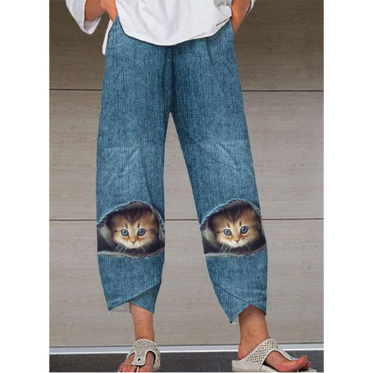 Casual Cat Print Women Denim Trousers