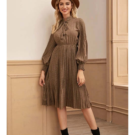 Casual Brown Dot Print Elegant Holiday Long Sleeves Dresses