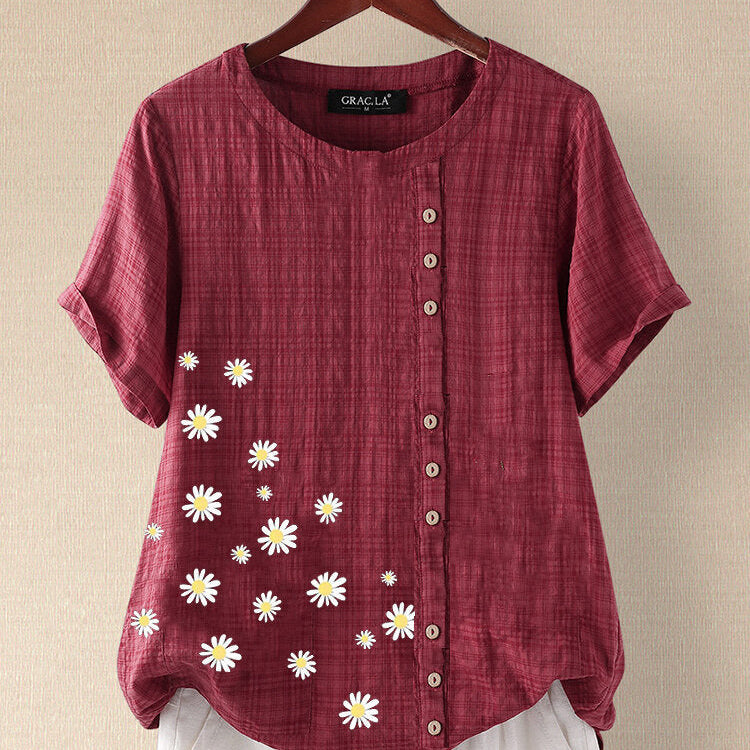 Vintage Linen Short Sleeves Summer T Shirts for Women