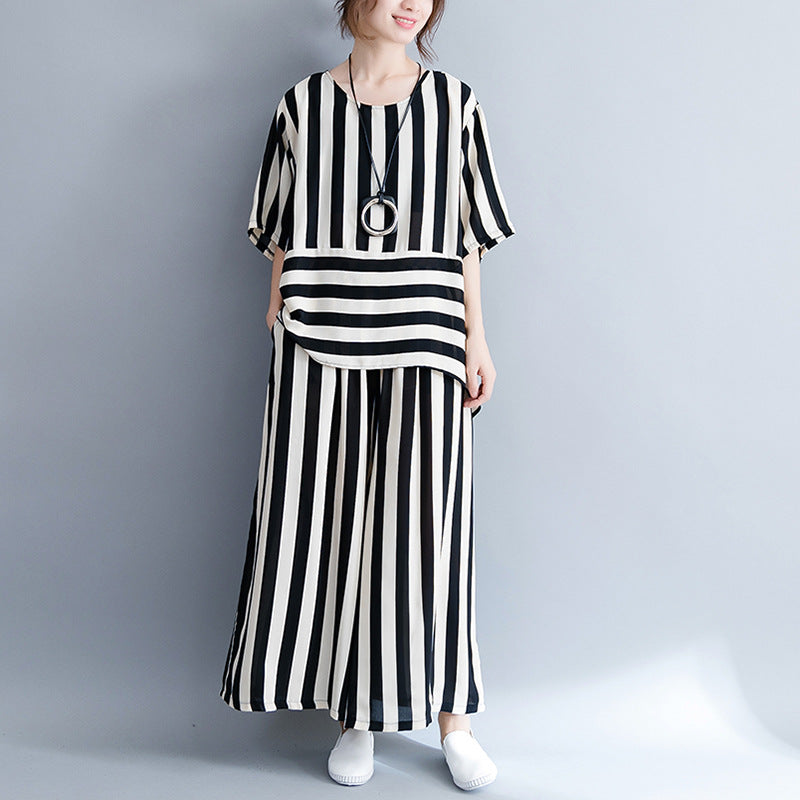 Casual Women Striped Irregular Tops & Pants Summer Outsuits