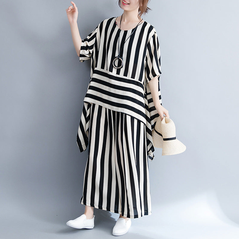 Casual Women Striped Irregular Tops & Pants Summer Outsuits