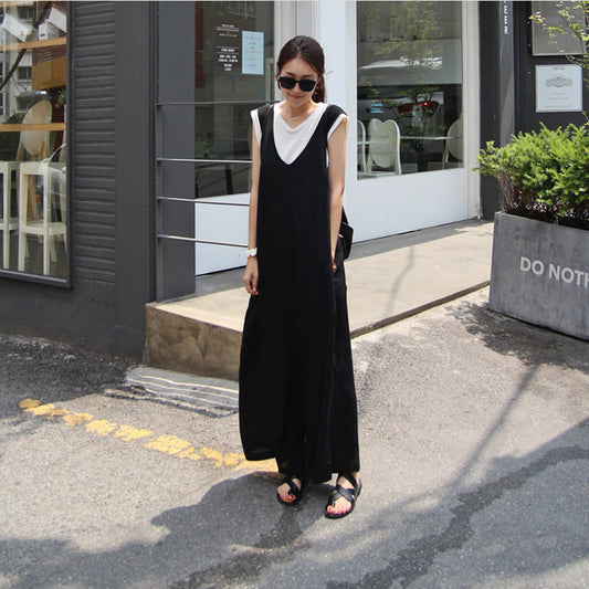 Black Summer Casual Linen Overalls for Women