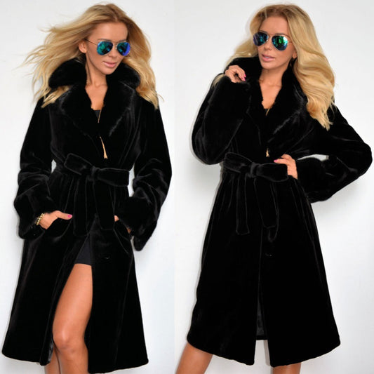 Black Artificial Fur Women Long Trenchcoats for Winter