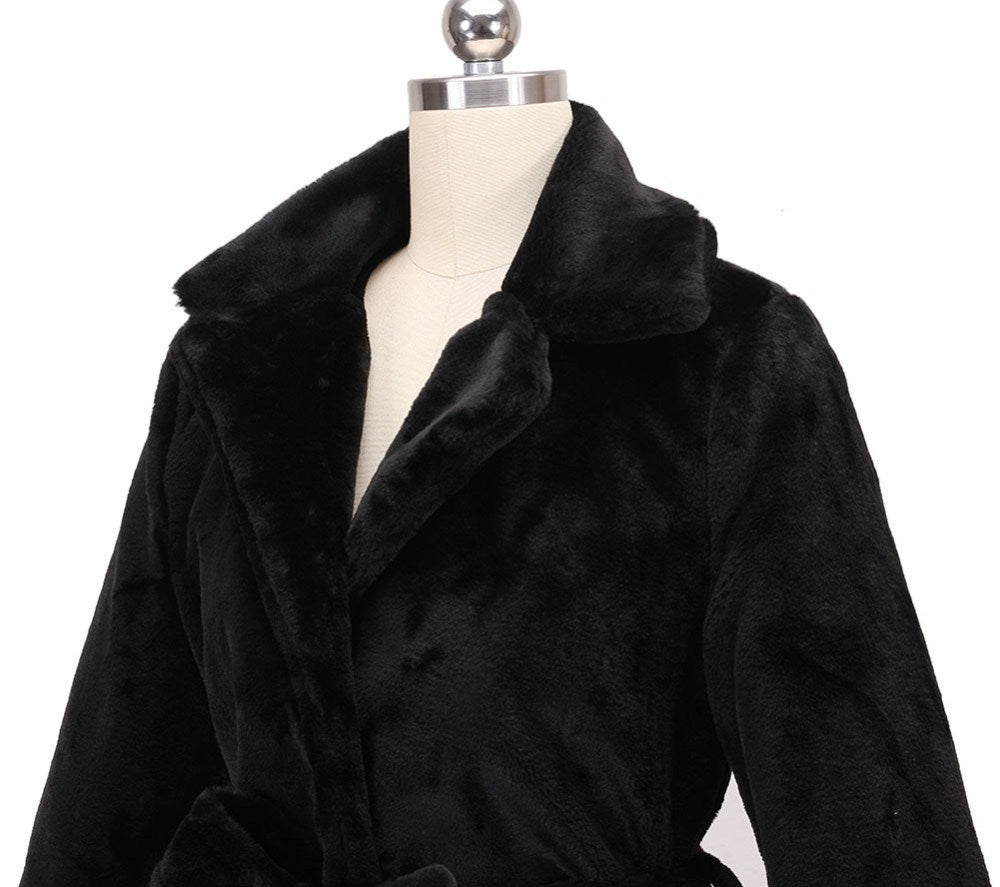 Black Artificial Fur Women Long Trenchcoats for Winter