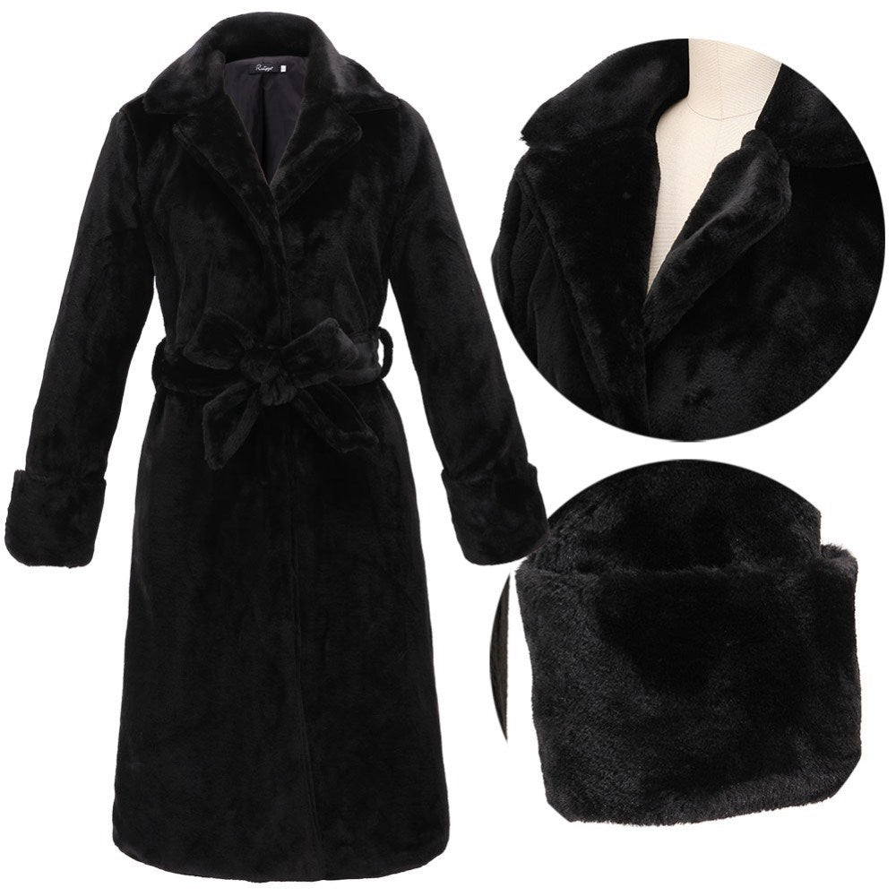 Black Artificial Fur Women Long Trenchcoats for Winter