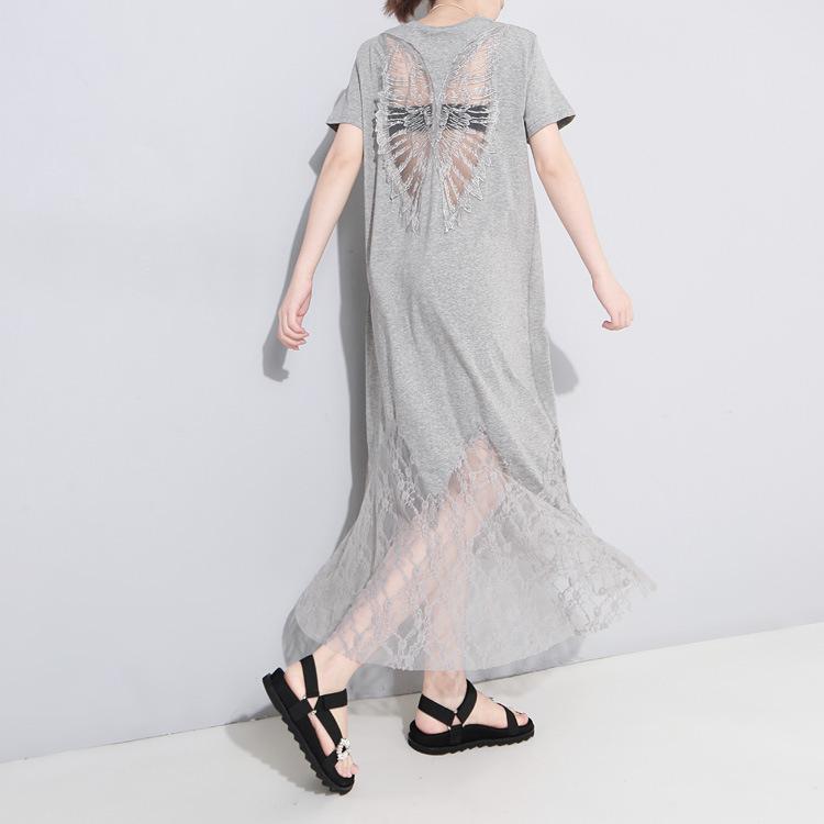 Women Hollow Out Angel Wings Lace Short Sleeves Dresses