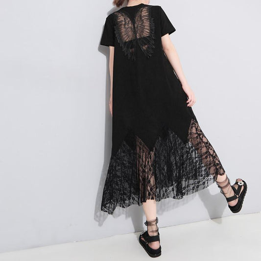 Women Hollow Out Angel Wings Lace Short Sleeves Dresses