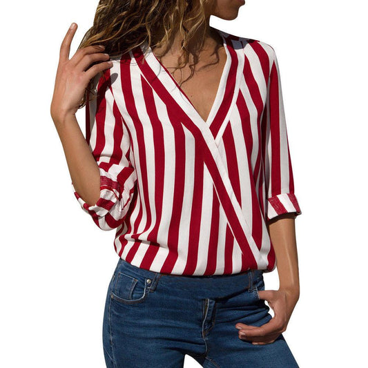 Women Long Sleeves V Neck Shirt Blouses-STYLEGOING