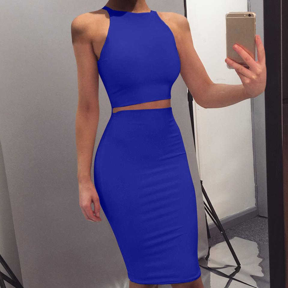 Sexy Round Neck Two Pieces Bodycon Dresses-STYLEGOING