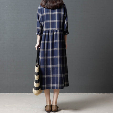 Vintage Linen Plaid Women Plus Sizes Long Dresses